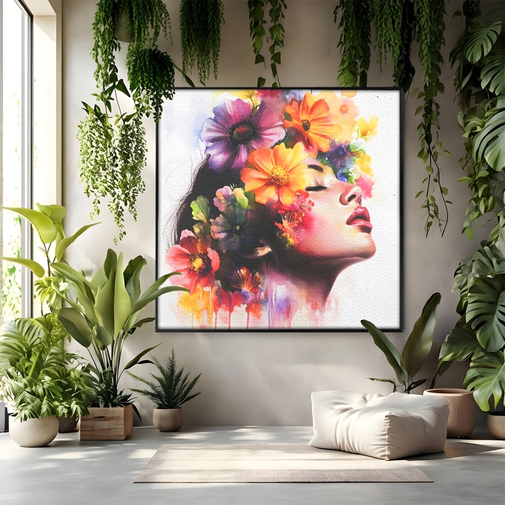 Tablou canvas cu pictura profil femeie cu flori, in rama de aluminiu negru